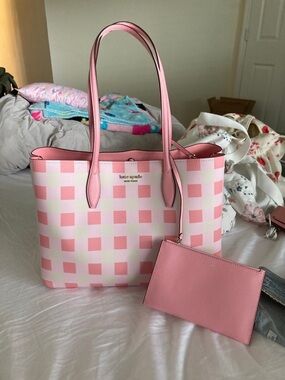 kate spade pink gingham tote with matching pouch